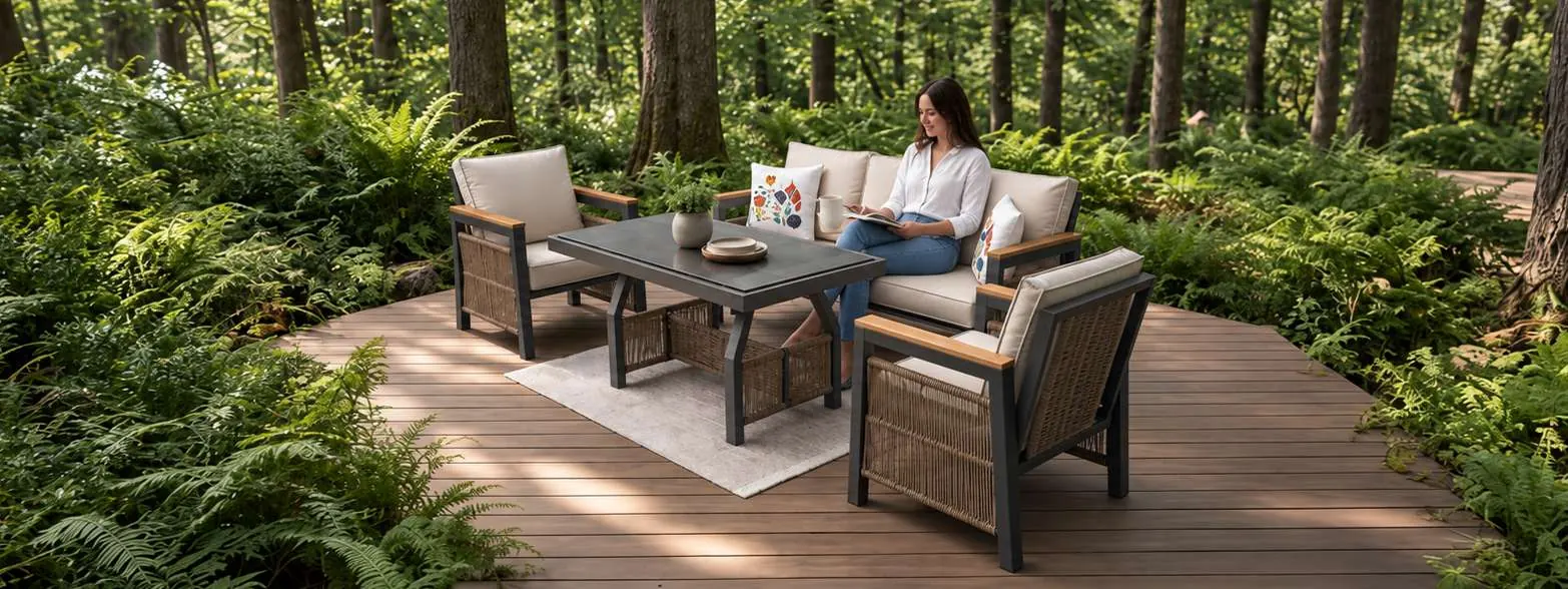 Defne lounge set on a wooden deck in the forest